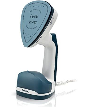 Ariete 6246 Duetto Garment, Iron Stiratrice a Aapore Verticale e Ferro da Stiro con Piastra in Ceramica Antiaderente, 1000W, Vapore Potente e Continuo, Bianco/Blu