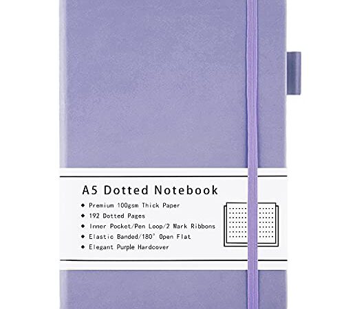 Bullet Journal/Taccuino Puntinato A5, Quaderno Punteggiato con Copertina Rigida e Carta Spessa da 100GSM, Tasca Interna, Fascia Elastica, Copertina in Finta Pelle, 192 Pagine, 14,5 x 21,3 cm, Viola