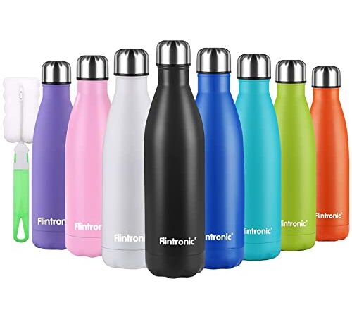 Flintronic Portatile Borraccia, 500ML Termica Bottiglia Acciaio Inox Bottiglia Acqua d'Acqua Sportive Coppa da Viaggio con Spazzola per Scuola, All'aperto, Yoga, Palestra (Mantenere Caldo/Freddo)