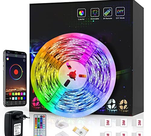 Striscia LED 5M, Romwish Luci LED Colorate RGB SMD 5050 Bluetooth Musica Sync LED Strip Controllo App e 44 Tasti Telecomando per Casa, Cucina, Festa, TV, Decorazione