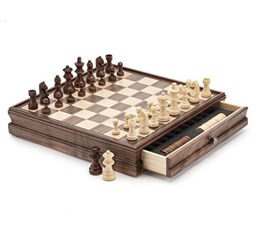 A&A Set di scacchi e dama in legno di noce da 38 cm con cassetto/pezzi ponderati/altezza del re 7,6 cm/intarsio in noce e acero/ 2 regine extra/ 2 giochi da tavolo in 1