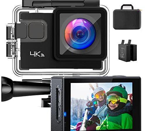 Action Cam 4K/30fps 20MP Giroscopio Anti-vibrazione 40M Subacquea Wi-Fi Fotocamera Videocamera Grandangolare 170° con Batteria 2x1050mAh, Borsa Fotografica e Accessori