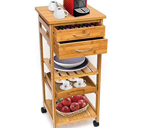 BAKAJI Carrello Cucina in Legno di bambù con Ripiano Top Solido Tagliere utile per appoggio Macchina da caffè, Tavolino Cucina da Servizio in Bamboo 4 Ruote girevoli,Vassoio Estraibile, 3 Ripiani