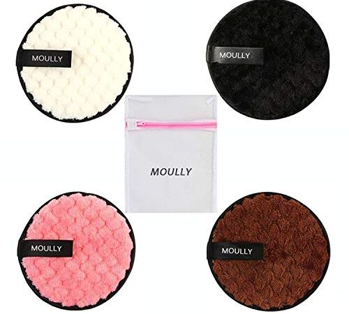 MOULLY 4 Pezzi Grandi Dischetti Struccanti Lavabili, Microfibra Tamponi Struccanti Riutilizzabili Con Borsa della Lavanderia, Makeup Wash Pads per Pulizia Tutti i Tipi di Pelle