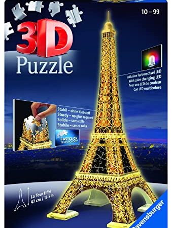 Ravensburger - Puzzle 3D, Torre Eiffel in Edizione Speciale Notte con LED, Età Consigliata 10+, 226 Pezzi - 47 x 18 x 18 cm