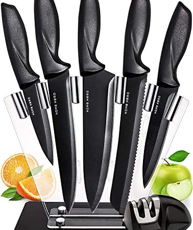 7 pezzi Set Coltelli da Cucina Professionali con Ceppo Coltelli Acrilico e Affilacoltelli - Acciaio Inox Set Coltelli da Chef, Coltello Pane, Coltello Intaglio, Coltello Multiuso, Coltello Verdure