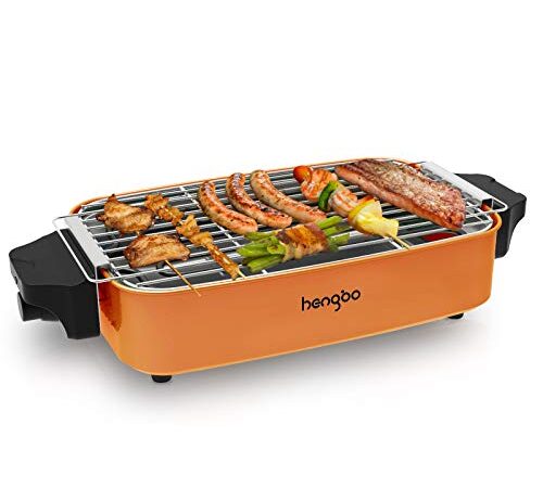 HengBo Griglia Elettrica Barbecue Senza Fumo, Barbecue da Balcone Elettrico Rimovibile, Temperatura Regolabile, Superficie della Griglia 38 x 24 cm, per un Massimo di 5 Persone, 1800 W, Arancia