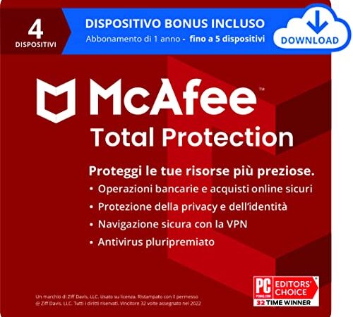 McAfee Total Protection 2022 | 4 Plus 1 dispositivi | Software antivirus e di sicurezza Internet | Include VPN, gestore delle password | PC/Mac/Android/iOS | Abbonamento di 1 anno | Codice di download