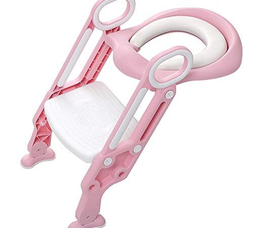 Riduttore Water Bambini Riduttore WC per Bambini con Scaletta Pieghevole per l'addestramento al Vasino, Riduttore WC con Cuscino Tenero (Rosa bianco)