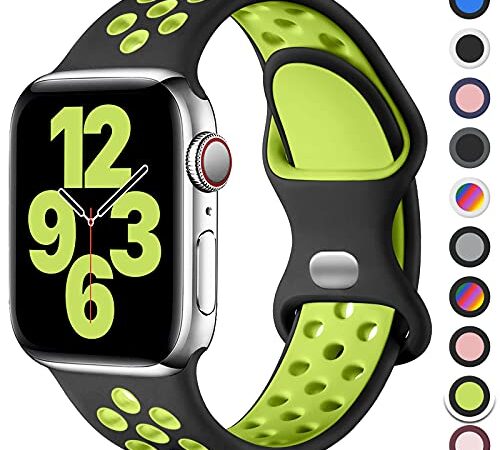 Upeak Sport Cinturino Compatibile con Cinturino Apple Watch 44mm 42mm 45mm, Cinturini con Fibbia Doppio Foro in Silicone Traspirante, per iWatch Series 7 6 5 4 3 SE, 42mm/44mm/45mm-M/L, Nero/Verde