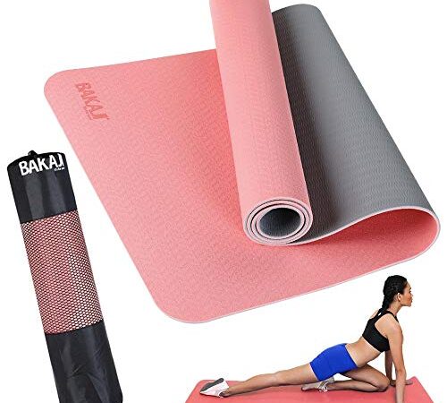 BAKAJI Tappetino Yoga in TPE Ecologioco Doppio Strato Antiscivolo Alta Densità Materassino Tappeto Allenamento Fitness Aerobica Palestra Ginnastica Dimensione 180 x 61 cm con Custodia (Rosa / Grigio)