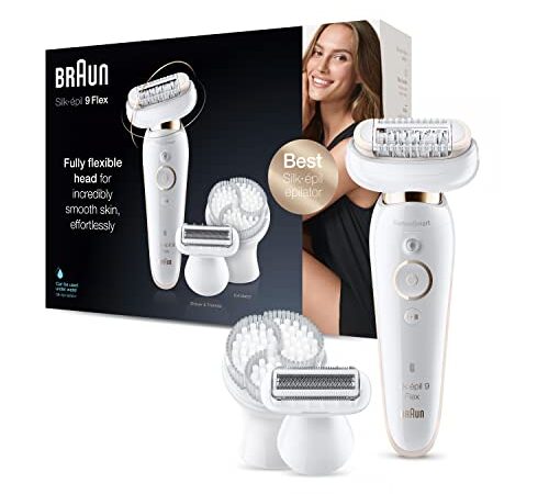 Braun Silk-épil 9 Flex Depilatore Donna Epilatore con Testina Flessibile, Spazzola Pulizia Viso Inclusa, Tecnologia MicroGrip, Cappuccio Massaggiante, Idea Regalo, SE 9030, Bianco e Oro