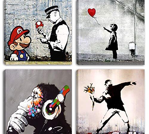 Degona Quadri Moderni Banksy 4 pz. cm 30x30 cad. Stampa su Tela Canvas Arredamento Arte Astratto XXL Arredo per Soggiorno Salotto Camera da Letto Cucina Ufficio Bar Ristorante