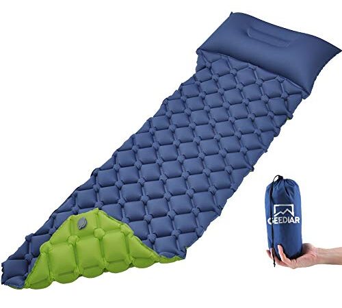 GEEDIAR Materassino da Campeggio Gonfiabile con Cuscino Gonfiabile Materasso, 200 x 60 x 6 cm Materassino da Campeggio Leggero per Campeggio, Escursionismo, Viaggio, Spiaggia [Verde Blu Navy]