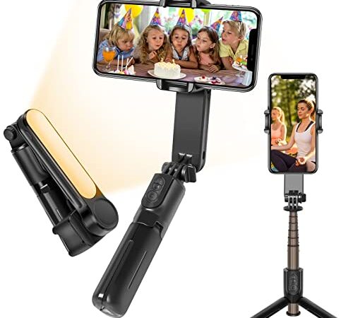 Gimbal Stabilizzatore Smartphone, Gimbal Stabilizzatore Portatile con Luce di Riempimento, Gimbal iPhone con Telecomando, Gimbal Selfie Stick Portatile per Video Vlog, Compatibile con Android/IOS