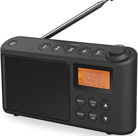 Radio DAB/DAB+ e FM, Radio Portatili Alimentata a Corrente e Batteria Ricaricabile, Radiolina Portatile con caricatore USB per un'autonomia di 15 ore (Nero)