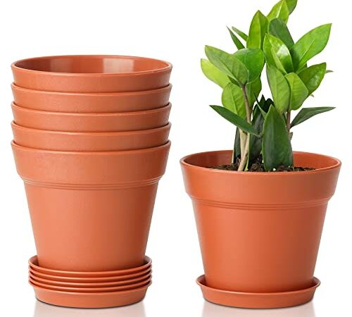 T4U 12.5cm Vaso con Sottovaso Plastica Il Giro Set di 6, Imposta Completo Vaso Fioriera da Interno Ed Esterno per Casa e Ufficio, Vasi da Fiori per Piante, Erbe, Orchids, Terracotta