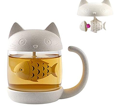 Tazza da tè in vetro con gatto carino, tazza da tè con infusore per tè a forma di pesce, Bottiglia dell'Acqua con Il Filtro,Tazza di caffè 250ML(8OZ)