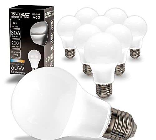 V-TAC 10x Lampadine LED con Attacco E27 8,5W (Equivalenti a 60W) A60 - Lampadine di Nuova Generazione - 806 Lumen - Massima Efficienza e Risparmio Energetico - 3000K Luce Bianca Calda