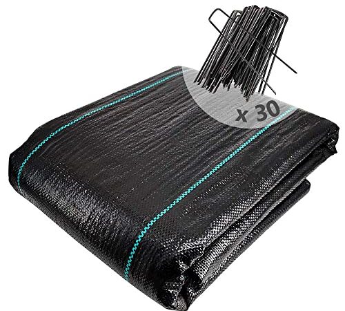 VOUNOT Telo Pacciamatura 2m x 10m 100g/m2, con 30 Picchetti a U, Telo Anti Erbacce per Orto, Giardino, Stabilizzazione UV, Nero