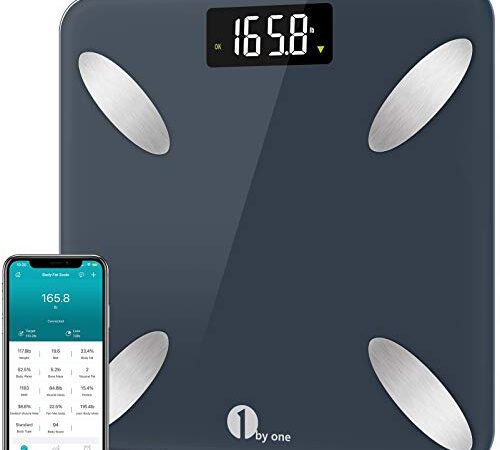 1 BY ONE Bilancia Pesa Persona Digitale Smart-Check Bilancia Pesapersone Impedenziometrica Professionale Bluetooth con App, 14 Valori Corporei - BMI, Massa Grassa, Massa Muscolare, 180kg - blu