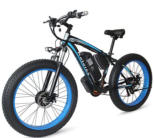 26" Bicicletta Elettrica E-Bike, E-Mountain Bike con 48V 23Ah Li-Batteria, Bici Elettrica Bike con Doppio Motore e 4.0 Fat Tire per Adulto Uomo e Donna, Shimano a 21 marce (Blu)