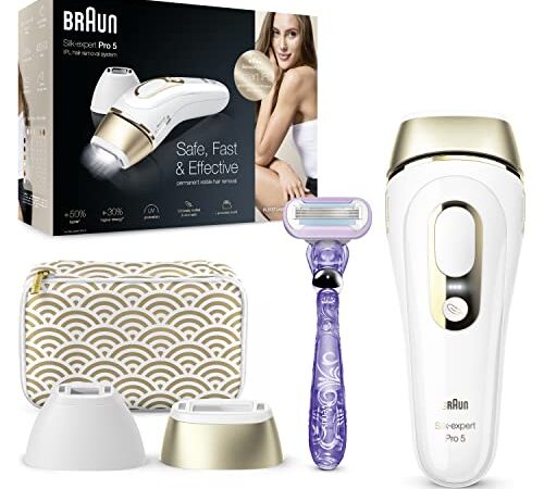 Braun Silk-expert Pro 5 Epilatore Luce Pulsata, Alternativa al Laser, Rasoio e Custodia da Viaggio inclusi, Idea Regalo, PL5137 Bianco e Oro