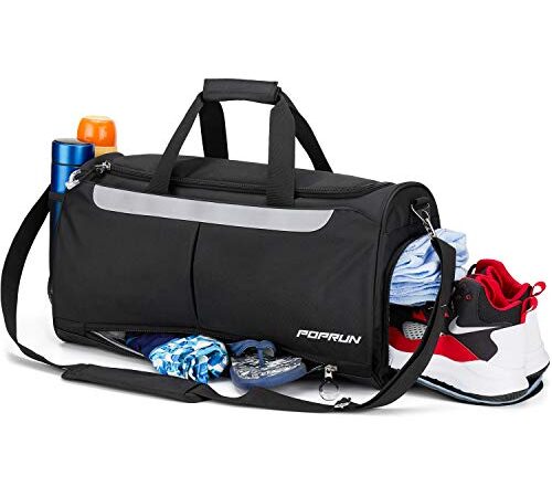 POPRUN Borsone Palestra Uomo Borsa Sportiva da Palestra con Scomparto per Scarpe e Tasca bagnata, Duffel Bag Borsone da Viaggio per Week-End per Yoga/Nuoto Uomo e Donne, 40L,Nero