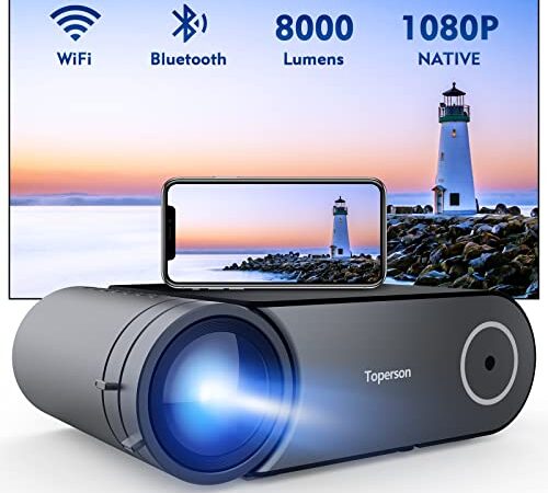 Videoproiettore, Proiettore HD, proiettore Dolby, proiettore WiFi Bluetooth, 8000 Lumens, nativo 1080P, proiettore domestico, Toperson, Home Cinema Portatile per iOS/Android/TV Stick/PC/PS4/PS5