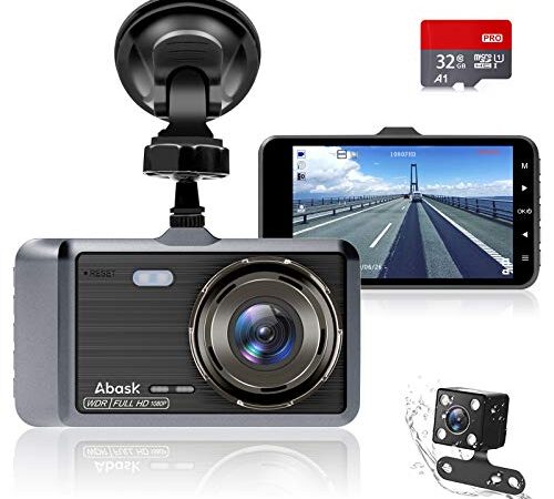 Abask Dash Cam Doppia Telecamera per Auto,1080P Visione Notturna, Rilevatore di Movimento, Monitor di Parcheggio, 4 Pollici Obiettivo Grandangolare di 310°, WDR, G-Sensor, Registrazione in Loop