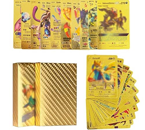 AXLOFO® 55 Carte Pokémon Dorate,Vmax Gold Plated Carte in lamina dorata con scatola, Materiale in PVC Versione Inglese (D'oro)