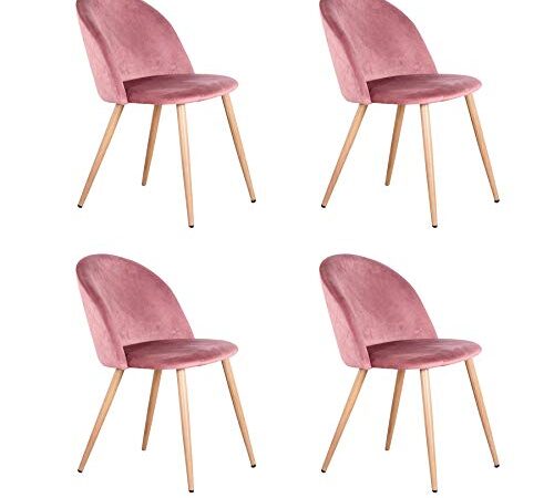 BenyLed Set di 4 Sedie Imbottite per Sala da Pranzo, con Schienale in Morbido Velluto e Gambe Regolabili in Metallo, Colore: Rosa