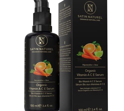 BIO Siero Viso Vitamina C A E con Acido Ialuronico - formato 100ml - Siero Vitamina C Antietà ideale come Base per Crema Viso Antirughe, Azione Rimpolpante per una Pelle più Tonica - Satin Naturel