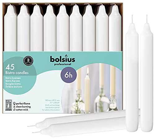 Bolsius Lunghe a Cono-Bianche-Set di 45 unità-Lunga Durata di 6 Ore-Basiche Candele Decorative-Cera Dimensione Singola: Altezza 18cm Diametro 2.13 cm, h Ø2.13cm, 45