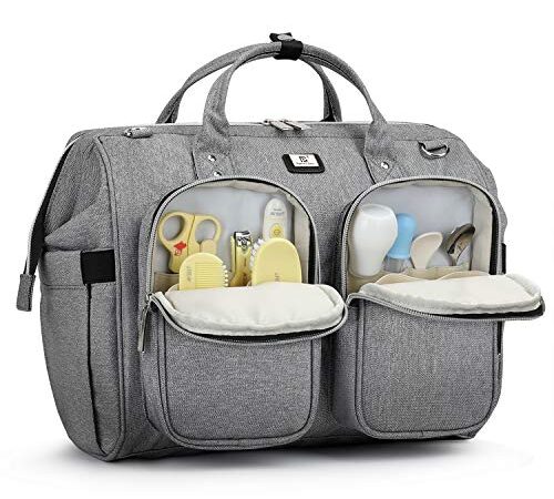 Borsa Fasciatoio Mamma Bambini Neonato Grande da portare a tracolla o a mano, con Materassino fasciatoio, 2 tasche isolanti bottiglia, 2 ganci passeggino, Grigio 2019