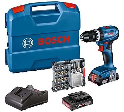 Bosch Professional Trapano avvitatore a percussione a batteria GSB 18V-45 (velocità di rotazione 1.900 minuti¹, 2 batterie da 2,0 Ah, accessori, GAL 18V-20, L-case) – Amazon Exclusive