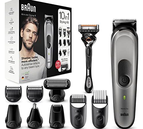 Braun Regolabarba Tagliacapelli Uomo Rasoio Elettrico Uomo Incluso, 10 in 1 Styling Kit, 8 Accessori, per Viso, Corpo, Orecchie e Naso, Idea Regalo, MGK7320 All-in-One Grigio Argento