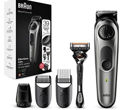 Braun Regolabarba Uomo E Rasoio Elettrico Barba Con 3 Accessori Inclusi, 39 Impostazioni di Lunghezza, Ottimo per Viso e Barba, Idea Regalo, BT5365 Nero e Grigio Metallizzato