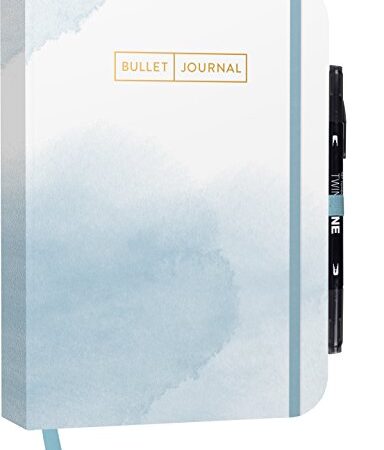 Bullet Journal "Watercolor Blue" 05 mit original Tombow TwinTone Dual-Tip Marker 33 black: Mit Punkteraster, Seiten für Index, Key und Future Log ... praktischem Verschlussband und Innentasche