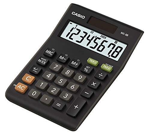 CASIO MS-8B Calcolatrice da tavolo - Display a 8 cifre, Calcolo Imposte e doppia alimentazione, Nero