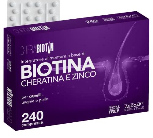 Cherabiotin, integratori per capelli a base di Biotina, Cheratina e Zinco. Vitamine per capelli unghie e pelle. Biotina crescita capelli e anticaduta donna. 240 micro compresse, 8 MESI DI FORNITURA