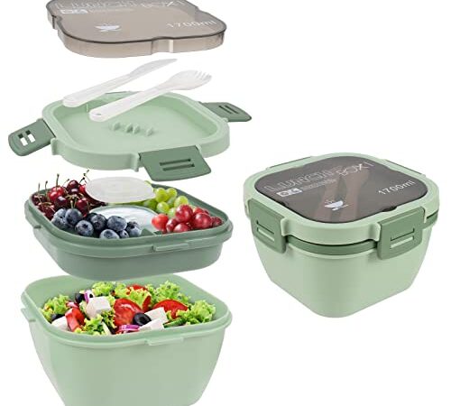 Comius Sharp 1700 ML Lunch Box Bento Box con Scomparti Divisor, Porta Pranzo Lunch Box con Posate 3 Scomparti Insalata e Snack Bento Box, per Scuola Lavoro Picnic