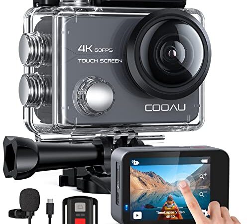 COOAU Action Cam Nativo 4K 60fps 20MP Touch Screen Wi-Fi videocamera con Zoom 8X Nuova EIS Anti-Shake, Custodia fotocamera subacquea Impermeabile 40m, Regolabile Microfono Esterno, 2x1350mAh Batterie