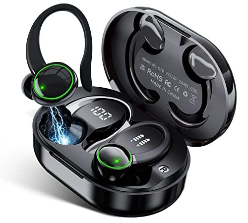 Cuffie Bluetooth Sport, AOTONOK Cuffie Bluetooth 5.3 con Mic 40 Ora, Doppio Display LED IP7 Impermeabile Auricolari Bluetooth, Controllo Touch, USB-C, Hi-Fi In Ear Cuffie Senza Fili per iOS Android