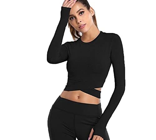 FFWTPY Maglia Sportiva da Donna Magliette a Maniche Lunghe Yoga Top Corto Senza Cuciture Camicia Sportiva Allenamento Asciugatura Rapida Magliette per Fitness Palestra