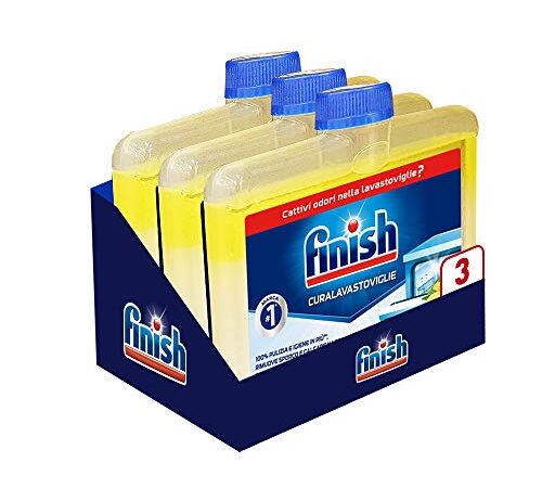 Finish Curalavastoviglie al Limone, 3 Prodotti da 250 ml di Cura Lavastoviglie, Additivo per una Lavastoviglie Pulita dai Residui di Grasso e Calcare