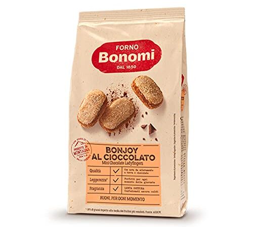 Forno Bonomi Bonjoy mini al Cioccolato, biscotti confezionati leggeri e gustosi, ideali per la preparazione di dolci o per una sana colazione. Un biscotto per ogni momento della giornata. 200 g