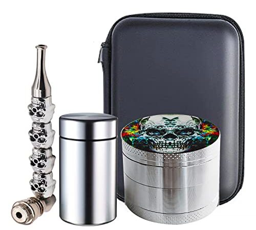 Grinder set, Spespo Macinino Meccanico per Spezie, Skull Pattern, Ø 50mm, 4 Pezzi, Macina Erbe e erba, spezie, pepe, sale, con cranio Pipa in metallo, Stash Storage Jar (Borsa con zip)