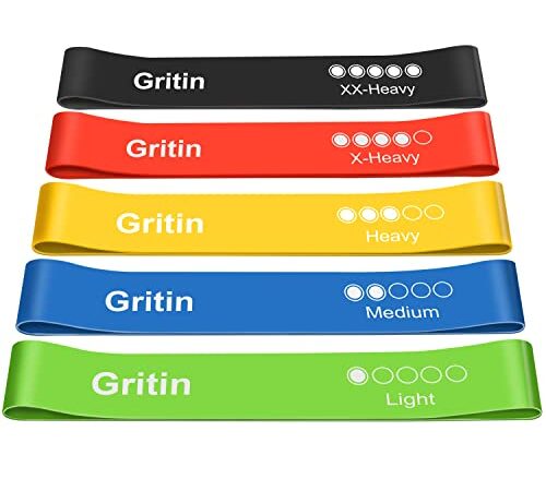 Gritin Elastici Fitness, [Set di 5] Banda Elastica Fasce Elastiche di Resistenza di Lattice con Istruzioni per l'esercizio in Italiano e Borsa per Il Trasporto per Crossfit, Yoga, Pilates