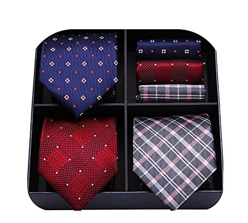 HISDERN Lotto 3 PCS Cravatta da uomo Classic Wedding Party Polka Dot Check Stripe tinta unita Cravatta e fazzoletto - Set multipli